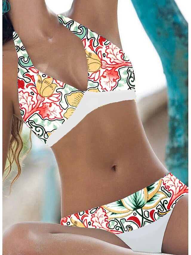 Dame Badet J Bikini Stk Normal Badedragt Blomstret Ben Ryg Gr N Hvid