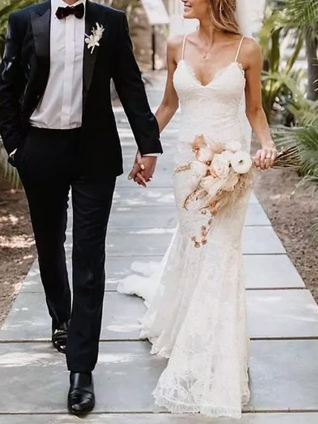 Formal Boho Vestidos De Novia Corte Trompeta Sirena Escote En Pico