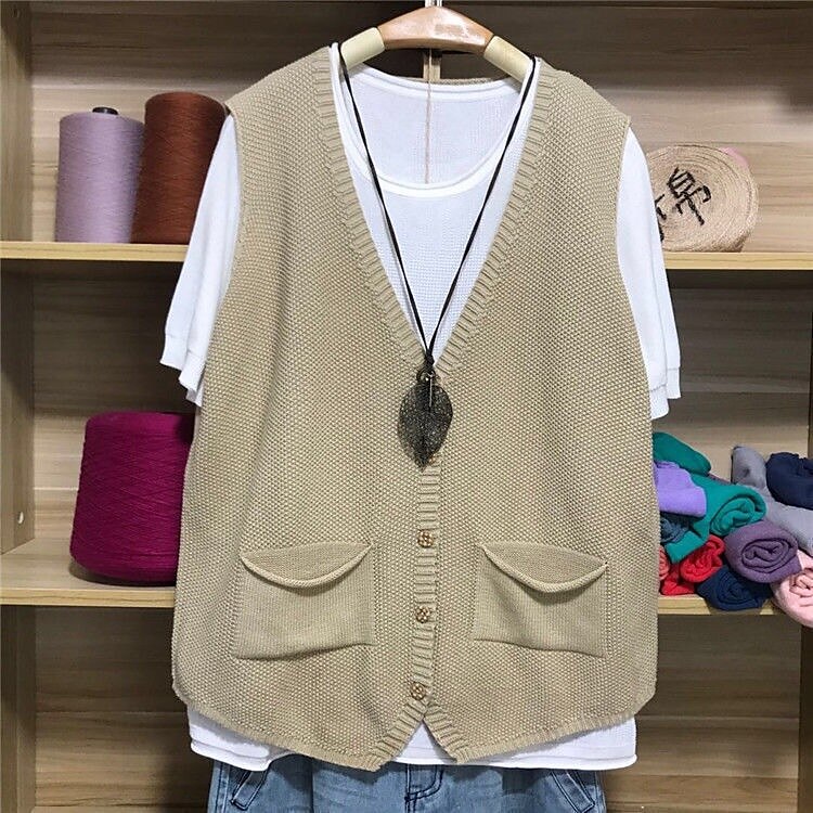 khaki sleeveless cardigan