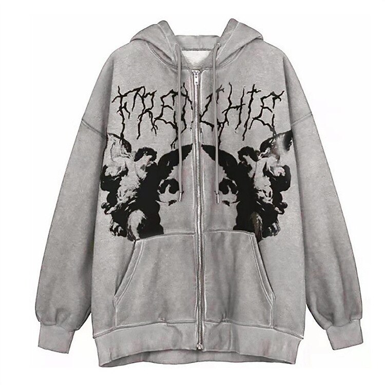 Print zip up hoodie brown hoodie women 