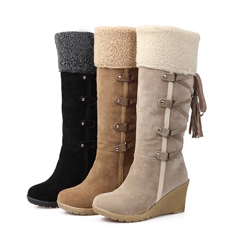 ZYEE Women Snow Boots Round Toe Square Heel Tassel Shoes Solid Color Slip-On Suede Snow Boots