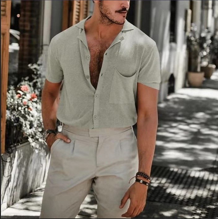 Mens Short Sleeve Shirts Cotton Linen 