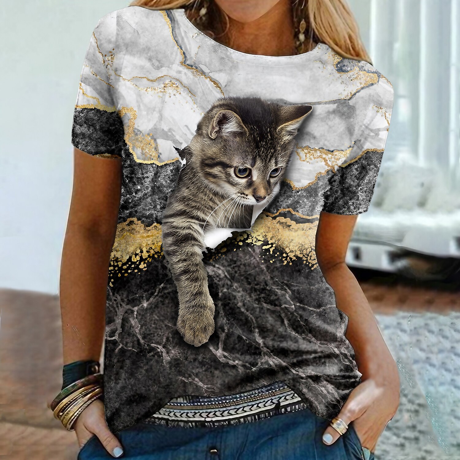 T shirt Cat Graphic 3D Print Round Neck 