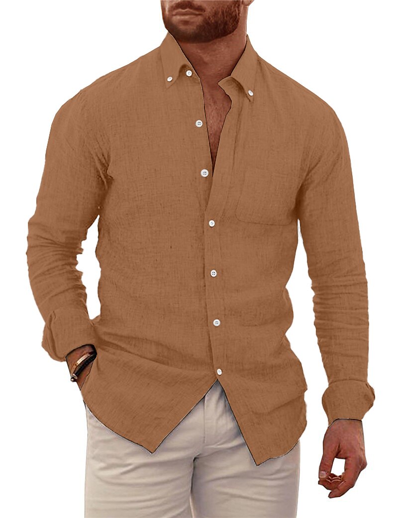 Men's Shirt Linen Shirt Summer Shirt Beach Wear Button Up Shirt Plain Vacation Casual Black White Blue Brown Long Sleeve Button Down Collar Spring & Summer Clothing Apparel