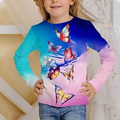 halpa -Lapset Tyttöjen T-paita Pitkähihainen Perhonen 3D-tulostus Purppura Lapset Topit Aktiivinen Syksy Normaali 4-12 vuotta