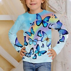 halpa -Lapset Tyttöjen T-paita Pitkähihainen Sateenkaari Perhonen 3D-tulostus Vaalean sininen Lapset Topit Aktiivinen Syksy Normaali 4-12 vuotta