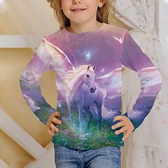 halpa -Lapset Tyttöjen T-paita Pitkähihainen Yksisarvinen Hevonen 3D-tulostus Punastuvan vaaleanpunainen Lapset Topit Aktiivinen Syksy Normaali 4-12 vuotta