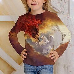 halpa -Lapset Tyttöjen T-paita Pitkähihainen Yksisarvinen Hevonen 3D-tulostus Rubiini Lapset Topit Aktiivinen Syksy Normaali 4-12 vuotta