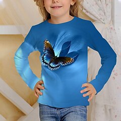 halpa -Lapset Tyttöjen T-paita Pitkähihainen Perhonen 3D-tulostus Uima-allas Lapset Topit Aktiivinen Syksy Normaali 4-12 vuotta