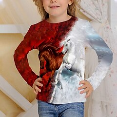halpa -Lapset Poikien Tyttöjen T-paita Pitkähihainen Valkoinen Rubiini 3D-tulostus Hevonen Aktiivinen 4-12 vuotta / Syksy