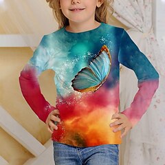 halpa -Lapset Tyttöjen T-paita Pitkähihainen Perhonen 3D-tulostus Laivaston sininen Lapset Topit Aktiivinen Syksy Normaali 4-12 vuotta