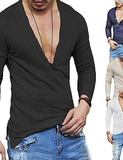 cheap -Men&#039;s T shirt Tee Solid Color V Neck Casual Daily Long Sleeve Tops Lightweight Fashion Muscle Big and Tall White Black Navy Blue / Summer