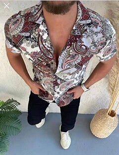 cheap -Men&#039;s Shirt Floral Turndown Party Casual Short Sleeve Button-Down Tops Cotton Casual Vintage Streetwear Khaki Red / Summer