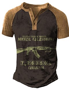 cheap -Men&#039;s Henley Shirt Tee T shirt Tee Graphic Color Block Weapon 3D Print Henley Plus Size Daily Sports Short Sleeve Button-Down Print Tops Basic Casual Classic Designer Brown / Summer