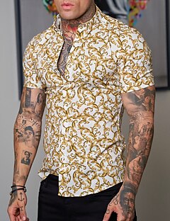 cheap -Men&#039;s Shirt Floral Turndown Party Casual Short Sleeve Button-Down Tops Cotton Casual Vintage Streetwear Yellow / Summer