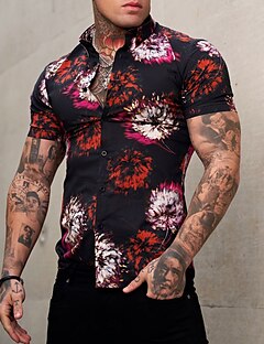 cheap -Men&#039;s Shirt Floral Turndown Party Casual Short Sleeve Button-Down Tops Cotton Casual Vintage Streetwear Green Black Red / Summer