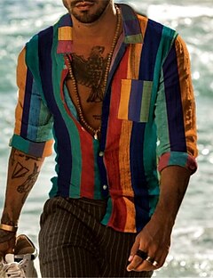 cheap -Men&#039;s Shirt Striped 3D Print Turndown Street Casual Long Sleeve Button-Down Print Tops Designer Casual Fashion Breathable Green / Summer / Spring / Summer