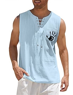 cheap -Men&#039;s Shirt Graphic Patterned Hand Hot Stamping V Neck Street Casual Sleeveless Lace up Print Tops Designer Casual Fashion Big and Tall Green Khaki Light Blue / Summer / Spring / Summer