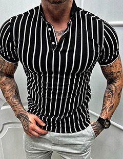 cheap -Men&#039;s Golf Shirt Striped Hot Stamping Turndown Street Casual Short Sleeve Button-Down Print Tops Cotton Casual Fashion Breathable Comfortable Black / Summer / Summer