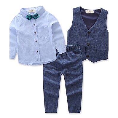 cheap Boys&#039; Clothing-Toddler Kid&#039;s Boys&#039; Suit Vest Shirt &amp; Pants Clothing Set Long Sleeve 4 Pieces Blue Tie Knot Solid Colored Party School Daily Cotton Regular Active Casual 2-8 Years / Spring / Summer
