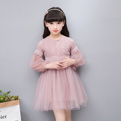 cheap Girls&#039; Clothing-Kids Little Girls&#039; Dress Jacquard Solid Colored Party Daily Embroidered Lace Blushing Pink White Cotton Long Sleeve Simple Basic Vintage Dresses Spring Summer Standard Fit