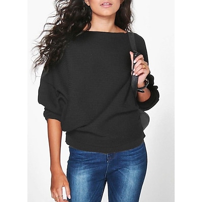 cheap Knit Tops-Women&#039;s Pullover Solid Color Knitted Stylish Basic Casual Long Sleeve Regular Fit Batwing Sleeve Regular Sweater Cardigans Fall Winter Boat Neck Blue Wine Black / Going out