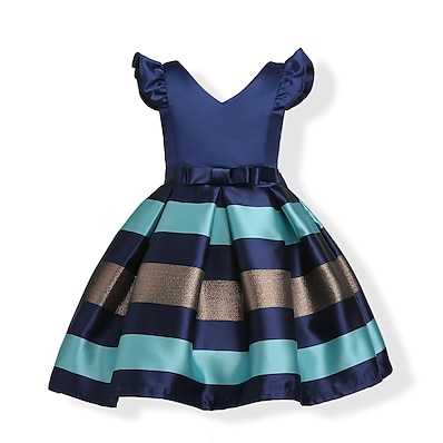 cheap Girls&#039; Clothing-Kids Toddler Little Girls&#039; Dress Blue Striped Solid Colored Party Holiday Blushing Pink Wine Navy Blue Short Sleeve Bow Sweet Dresses Fall Summer Slim