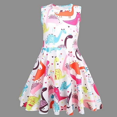 preiswerte Kinder-Kinder Wenig Kleid Mädchen Tier Dinosaurier Skater-Kleid Regenbogen Ärmellos nette Art Kleider Sommer 3-10 Jahre