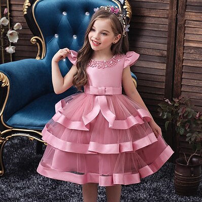 cheap Girls&#039; Clothing-Kids Toddler Little Dress Girls&#039; Solid Colored Party Birthday Performance A Line Dress Bow Green Blue Pink Knee-length Sleeveless Elegant Princess Sweet Dresses Spring Summer New Year Slim 2-8 Years