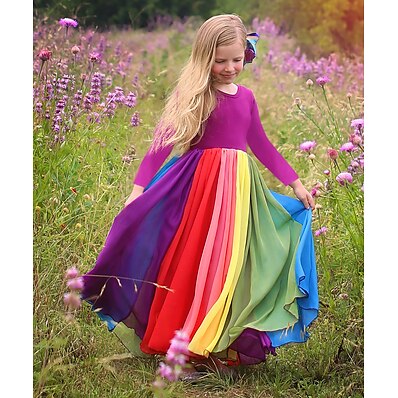 cheap Girls&#039; Clothing-Kids Toddler Little Dress Girls&#039; Rainbow Color Block Colorful Outdoor Tulle Dress Patchwork Fuchsia Lavender Maxi Cotton Long Sleeve Active Boho Dresses Fall Winter Regular Fit