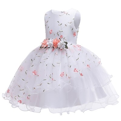 cheap Girls&#039; Clothing-Toddler Little Girls&#039; Dress Jacquard Solid Colored Layered Dress Ruffle Lace Trims White Purple Red Knee-length Sleeveless Flower Cute Dresses Children&#039;s Day Slim