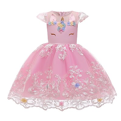 cheap Girls&#039; Clothing-Kids Little Girls&#039; Dress Unicorn Geometric Lace Bow Print Blushing Pink Light Blue Knee-length Sleeveless Active Cute Dresses Regular Fit