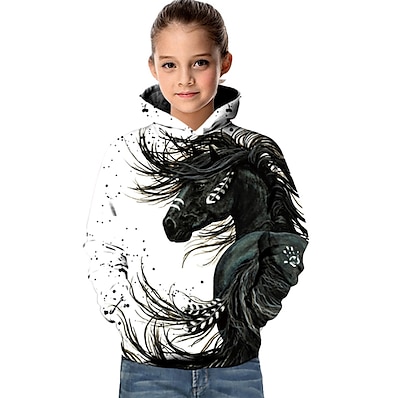cheap Girls&#039; Clothing-Kids Girls&#039; Hoodie &amp; Sweatshirt Horse 3D Printed Long Sleeve Geometric Animal Pocket White Children Tops Active Basic Fashion Sports Outdoor 2-13 Years