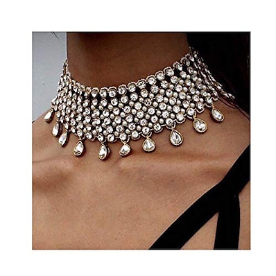 billige Damesmykker-krystal halskæde kvast choker hals kæde rhinestone halskæder mode smykker tilbehør til kvinder og piger (sølv)