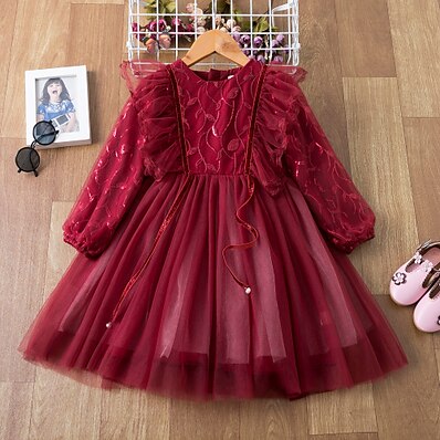 cheap Girls&#039; Clothing-Kids Little Girls&#039; Dress Solid Colored Lace Gold Red Knee-length Long Sleeve Active Dresses