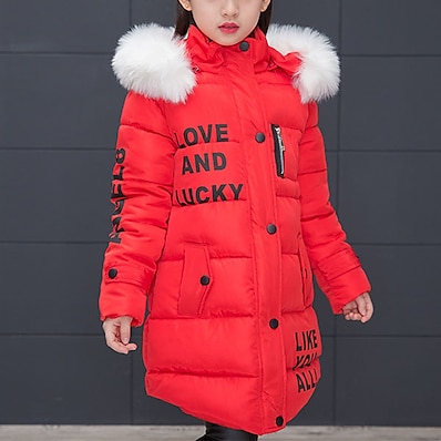 cheap Girls&#039; Jackets &amp; Coats-Kids Girls&#039; Down &amp; Cotton Padded Black Pink Red Letter Active / Long
