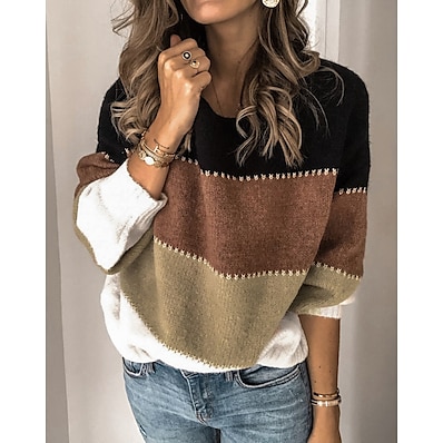 cheap Knit Tops-Women&#039;s Pullover Sweater Color Block Knitted Patchwork Stylish Basic Casual Long Sleeve Sweater Cardigans Fall Winter Crew Neck Blue Khaki Black / Loose