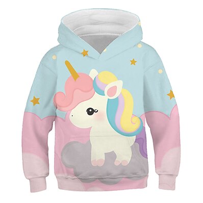 cheap Girls&#039; Clothing-Kids Girls&#039; Hoodie &amp; Sweatshirt Long Sleeve Blushing Pink Unicorn Print Graphic Color Block 3D Active Basic