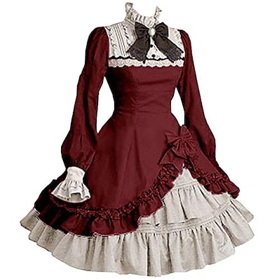 cheap Everyday Cosplay Anime Hoodies &amp; T-Shirts-womens bowknot multi layers classic sweet lolita dress medieval vintage frill frock ball gowns dress wine red