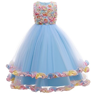cheap Girls&#039; Clothing-Kids Little Girls&#039; Dress Floral Blue Layered Mesh Blushing Pink Beige Light Blue Maxi Sleeveless Flower Basic Dresses