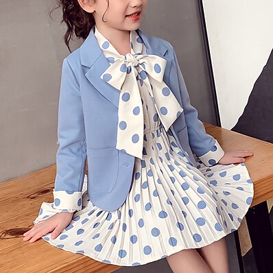cheap Girls&#039; Clothing-Kids Girls&#039; Clothing Set Long Sleeve 2 Pieces Blue Pink Pleated Bow Polka Dot Indoor Outdoor Fashion Daily 3-12 Years / Fall / Spring / Summer