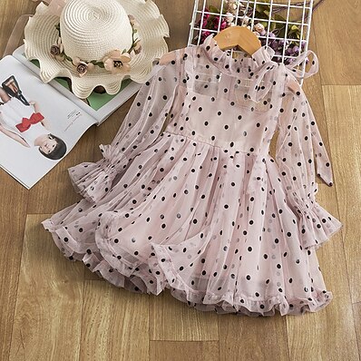 cheap Girls&#039; Clothing-Kids Little Girls&#039; Dress Polka Dot Solid Colored Dusty Rose Lace Dusty Rose Beige Knee-length Long Sleeve Cute Dresses