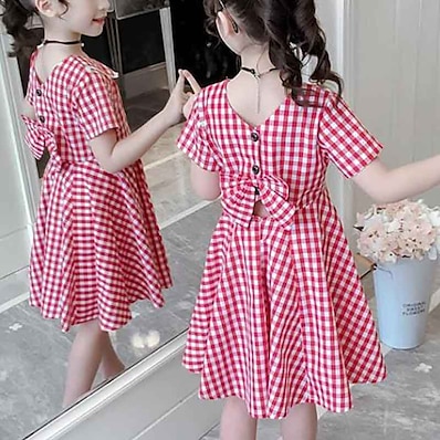 cheap Girls&#039; Clothing-Kids Little Girls&#039; Dress Plaid Black Red Backless Ruched Black Red Above Knee Short Sleeve Cute Dresses New Year Slim