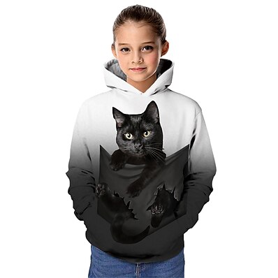 cheap Girls&#039; Clothing-Kids Girls&#039; Hoodie &amp; Sweatshirt Long Sleeve Gray 3D Print Cat Print Cat Graphic 3D Animal Active