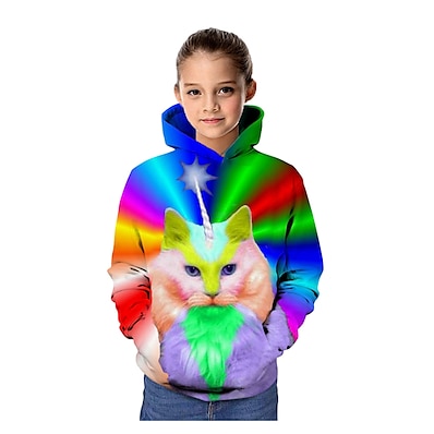 cheap Girls&#039; Clothing-Kids Girls&#039; Hoodie &amp; Sweatshirt Long Sleeve Rainbow Cat Print Cat Graphic 3D Animal Active