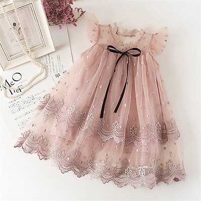 cheap Girls&#039; Clothing-Kids Toddler Little Girls&#039; Dress Solid Colored Sundress Embroidered Lace Bow Blushing Pink Above Knee Sleeveless Cute Sweet Dresses Children&#039;s Day Regular Fit