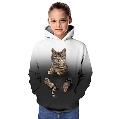 cheap Girls&#039; Clothing-Kids Girls&#039; Hoodie &amp; Sweatshirt Long Sleeve Gray 3D Print Cat Print Cat Graphic 3D Animal Active
