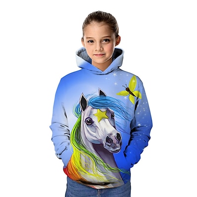 cheap Girls&#039; Clothing-Kids Girls&#039; Hoodie &amp; Sweatshirt Long Sleeve Horse Graphic 3D Animal Print Blue Children Tops Active School