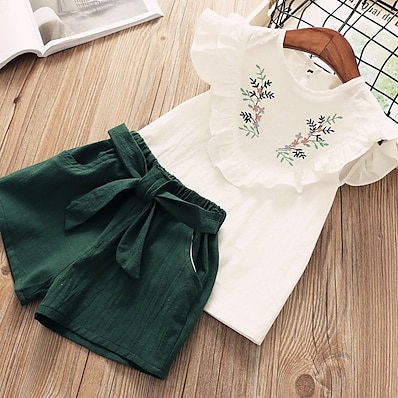 cheap Girls&#039; Clothing-Kids Girls&#039; Clothing Set Short Sleeve Green Pink Print Floral Cotton Basic