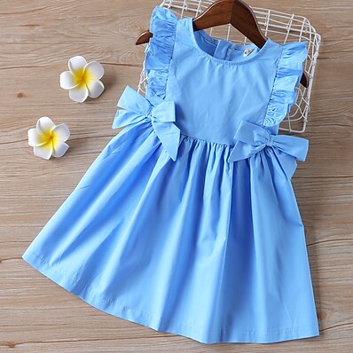 cheap Girls&#039; Clothing-Kids Toddler Little Girls&#039; Dress Solid Colored Ruffle Bow Blue Blushing Pink Above Knee Sleeveless Basic Cute Dresses Children&#039;s Day Regular Fit 3-8 Years